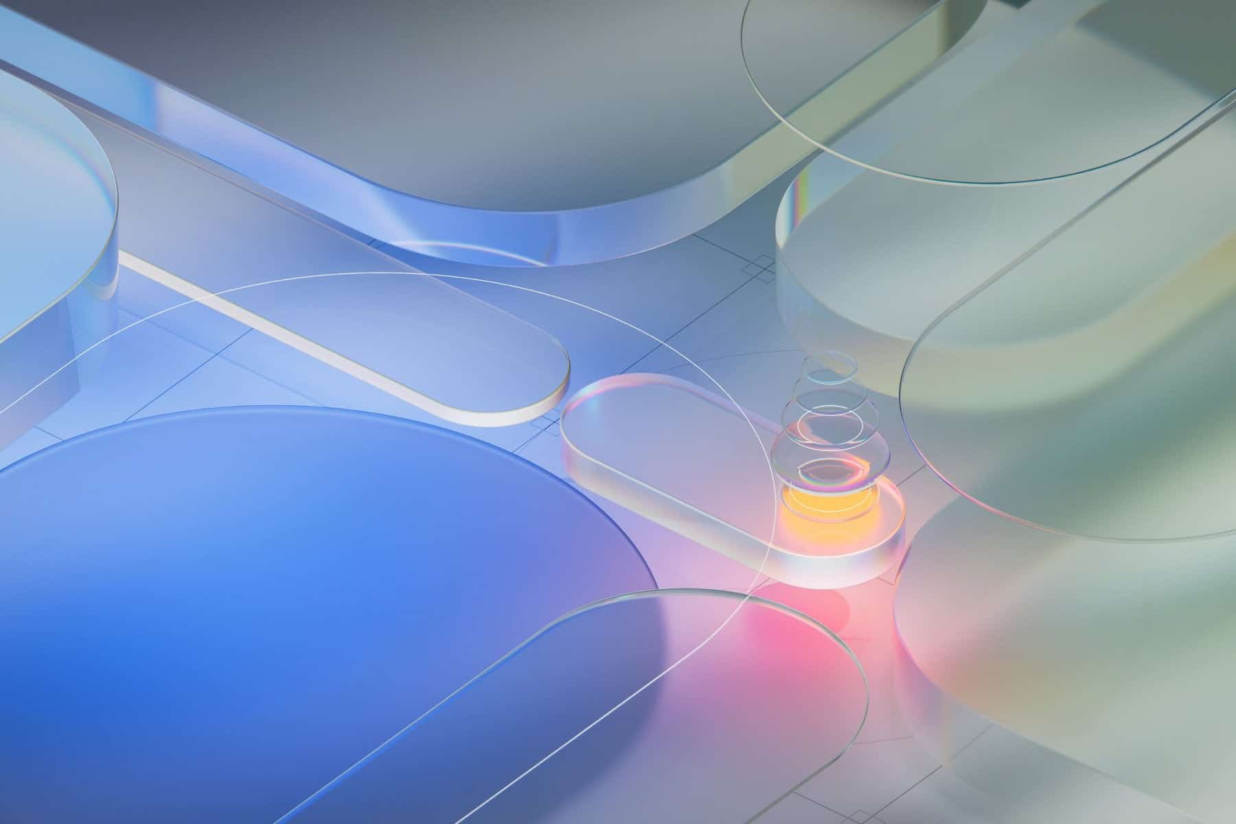 Abstract digital illustration with overlapping translucent shapes in blue, gray, and peach tones, featuring smooth rounded edges and subtle gradients.