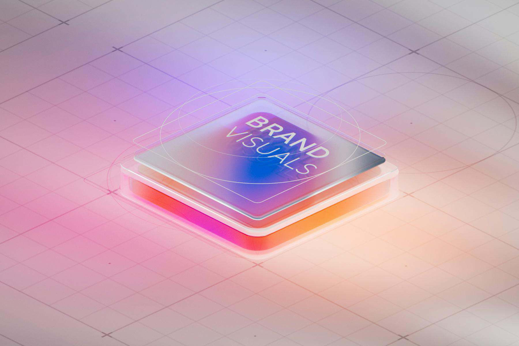 A 3D transparent square with the words “Brand Visuals” on top, placed on a pink and purple gradient grid background.