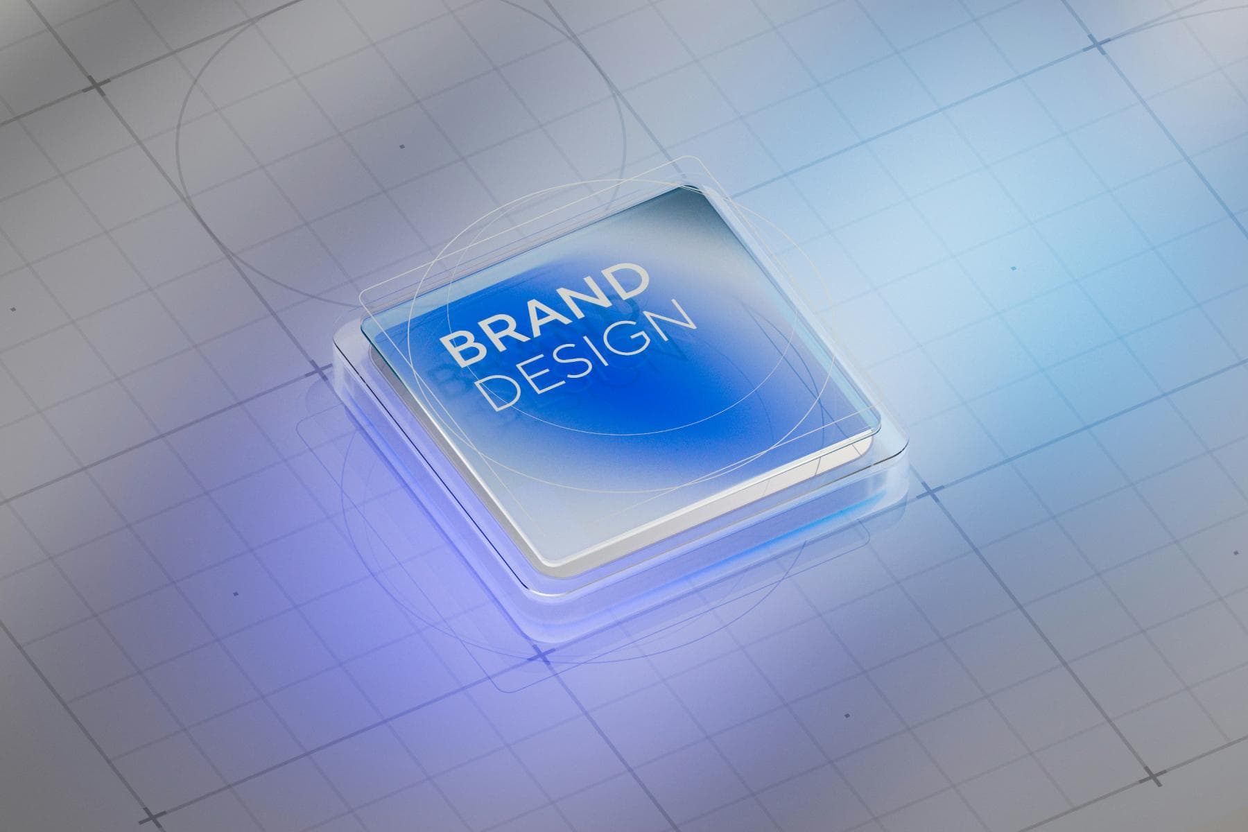 A 3D blue button labeled “Brand Design” sits on a grid-patterned surface with soft blue lighting.