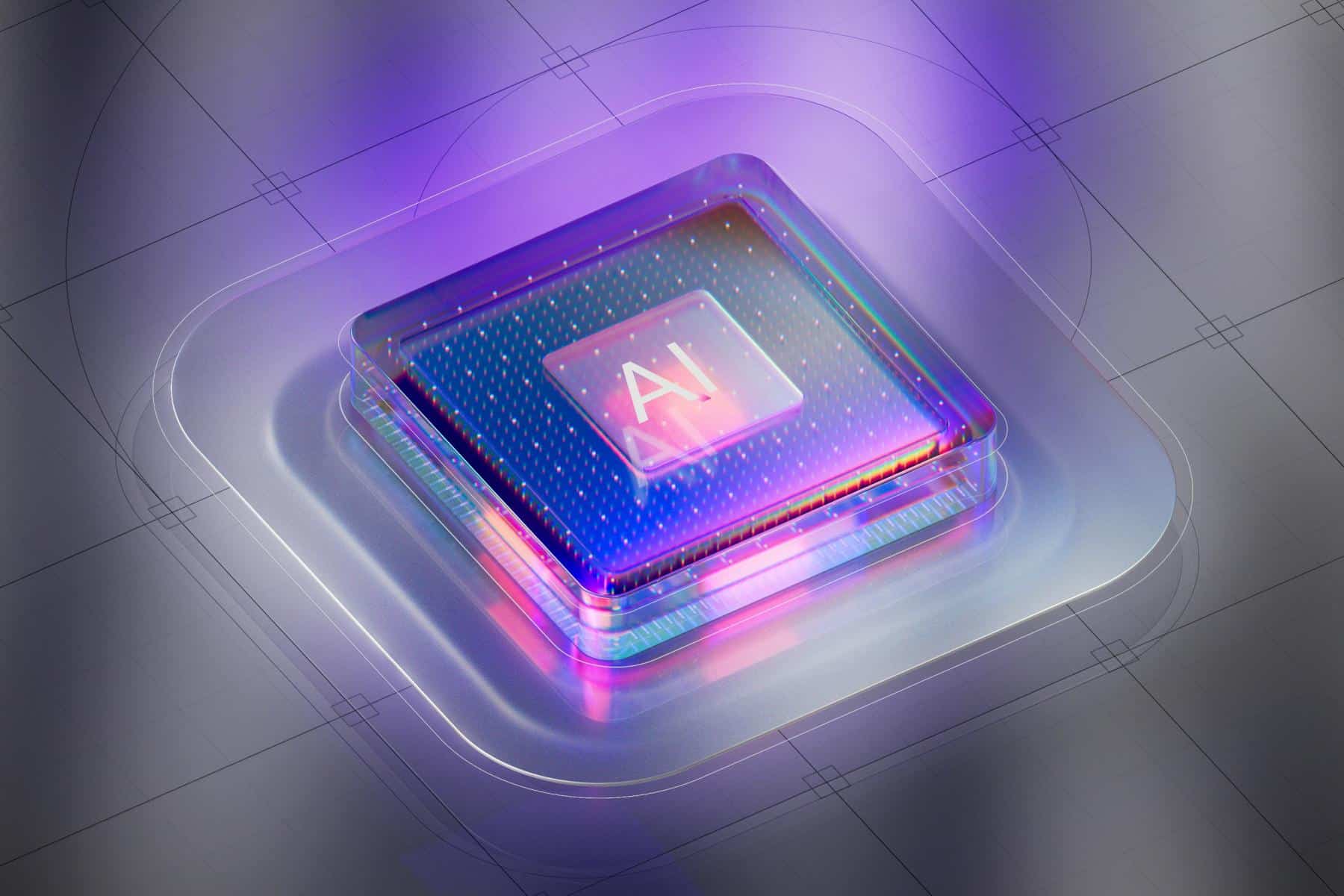 A glowing microchip with “AI” text in the center, surrounded by a futuristic, purple-blue-lit surface with digital grid patterns.