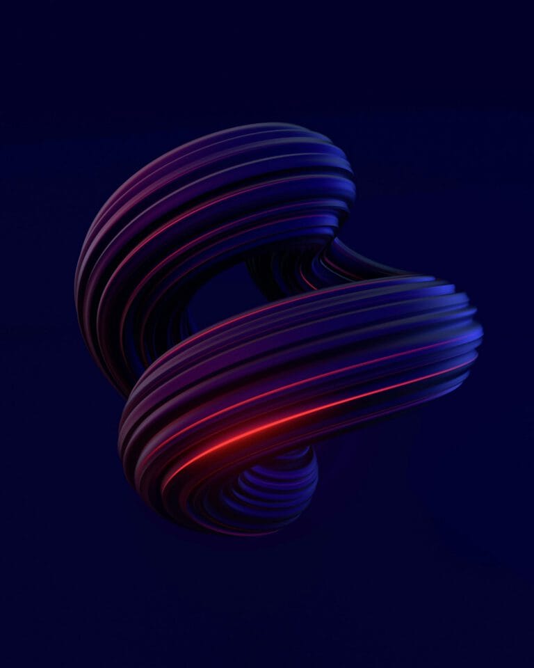 A 3D abstract torus shape with layered, curved lines in purple and red hues floats against a dark blue background.