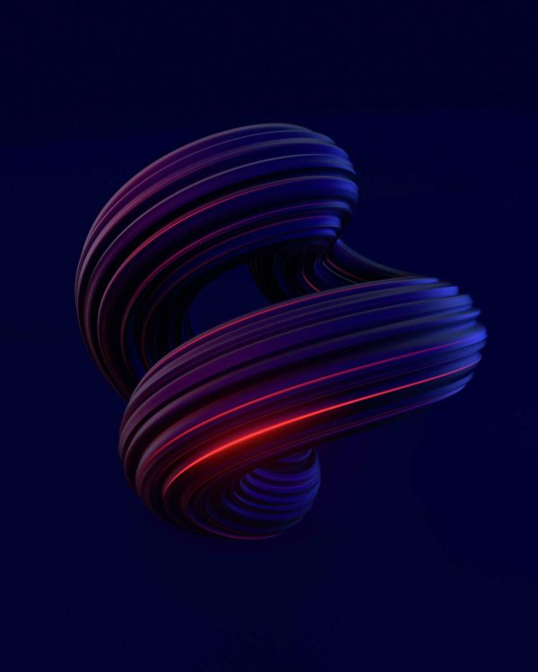 A 3D abstract torus shape with layered, curved lines in purple and red hues floats against a dark blue background.
