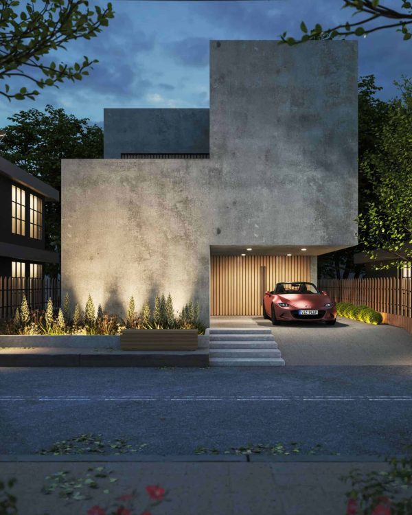 A modern concrete house with geometric design, illuminated at dusk, features a car parked in a recessed garage and landscaped greenery by the entrance.