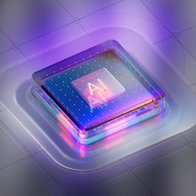 A glowing microchip labeled “AI” is displayed on a circuit board with a futuristic, purple-toned lighting effect.
