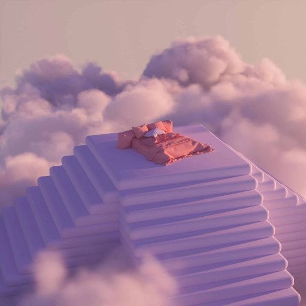 A pink bed sits atop a stepped, pastel platform surrounded by soft clouds in a surreal, dreamlike scene.