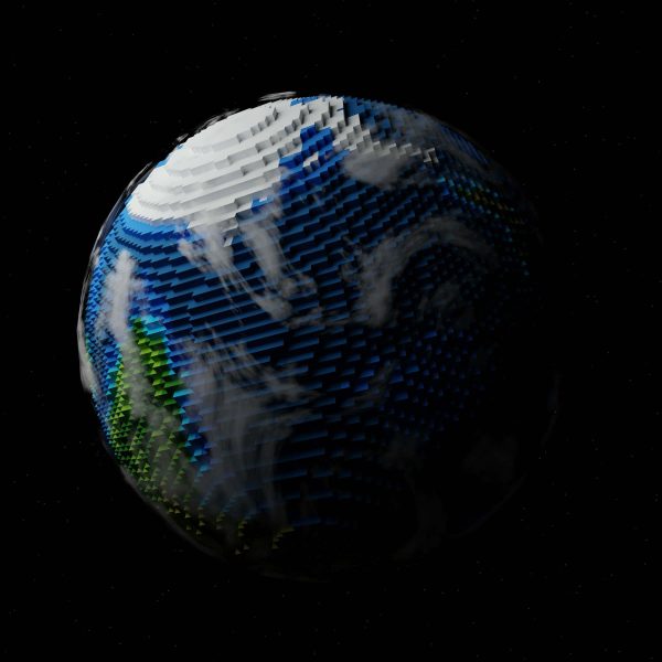 A blocky, pixelated representation of Earth with visible clouds, oceans, and continents, set against a black space background.